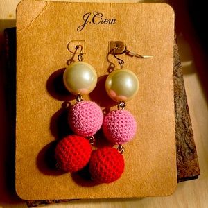 J. Crew Babble Pearl and Crocheted Pink, Red Drop Earrings